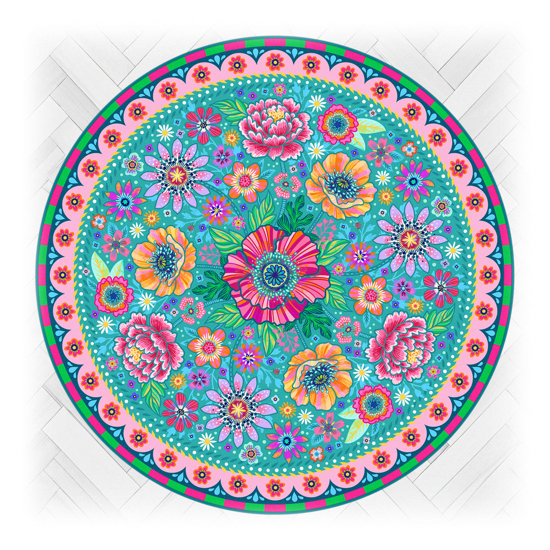 Teppich Rund - Blumenzauber Türkis