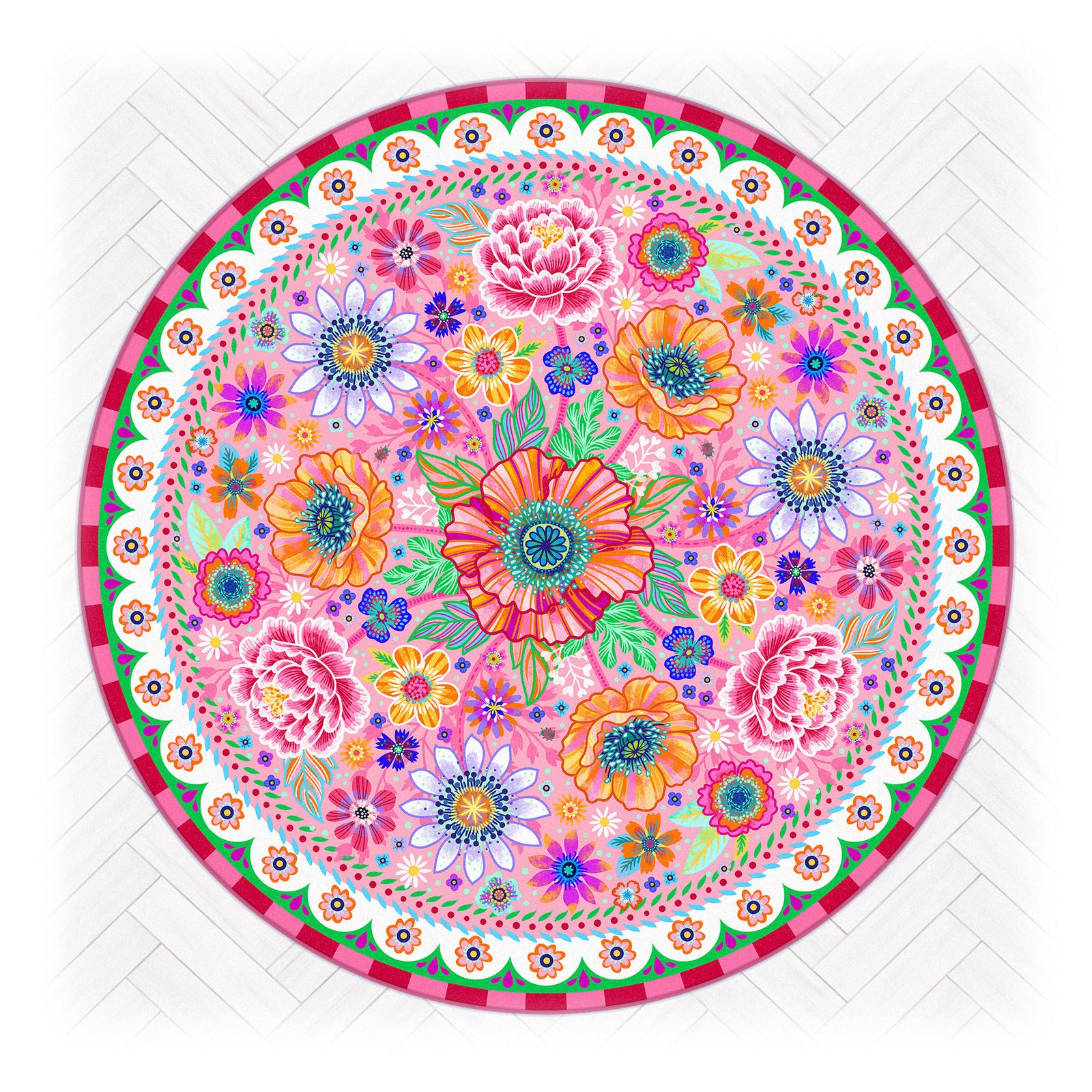 Superweicher runder Teppich im Design von Bine Brändle mit dem Motiv Blumenmeer in Rosa, verspielt und harmonisch gestaltet.