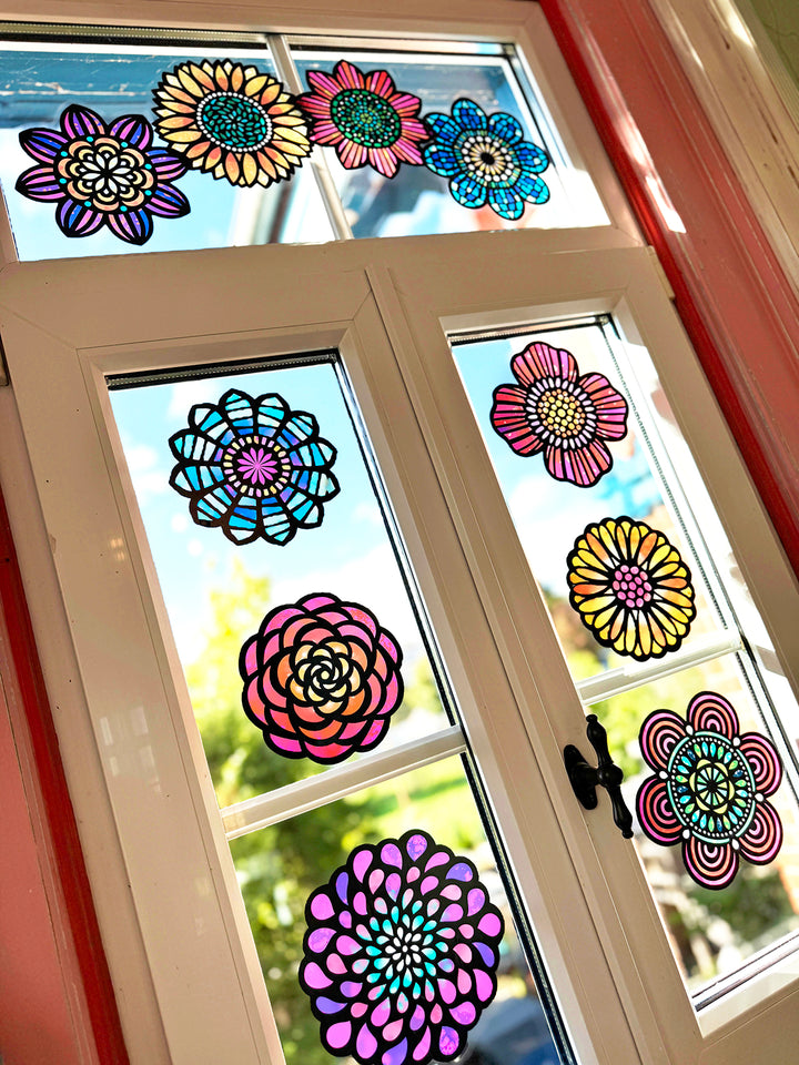 14 große, bunte Blumen aus Fensterfolie