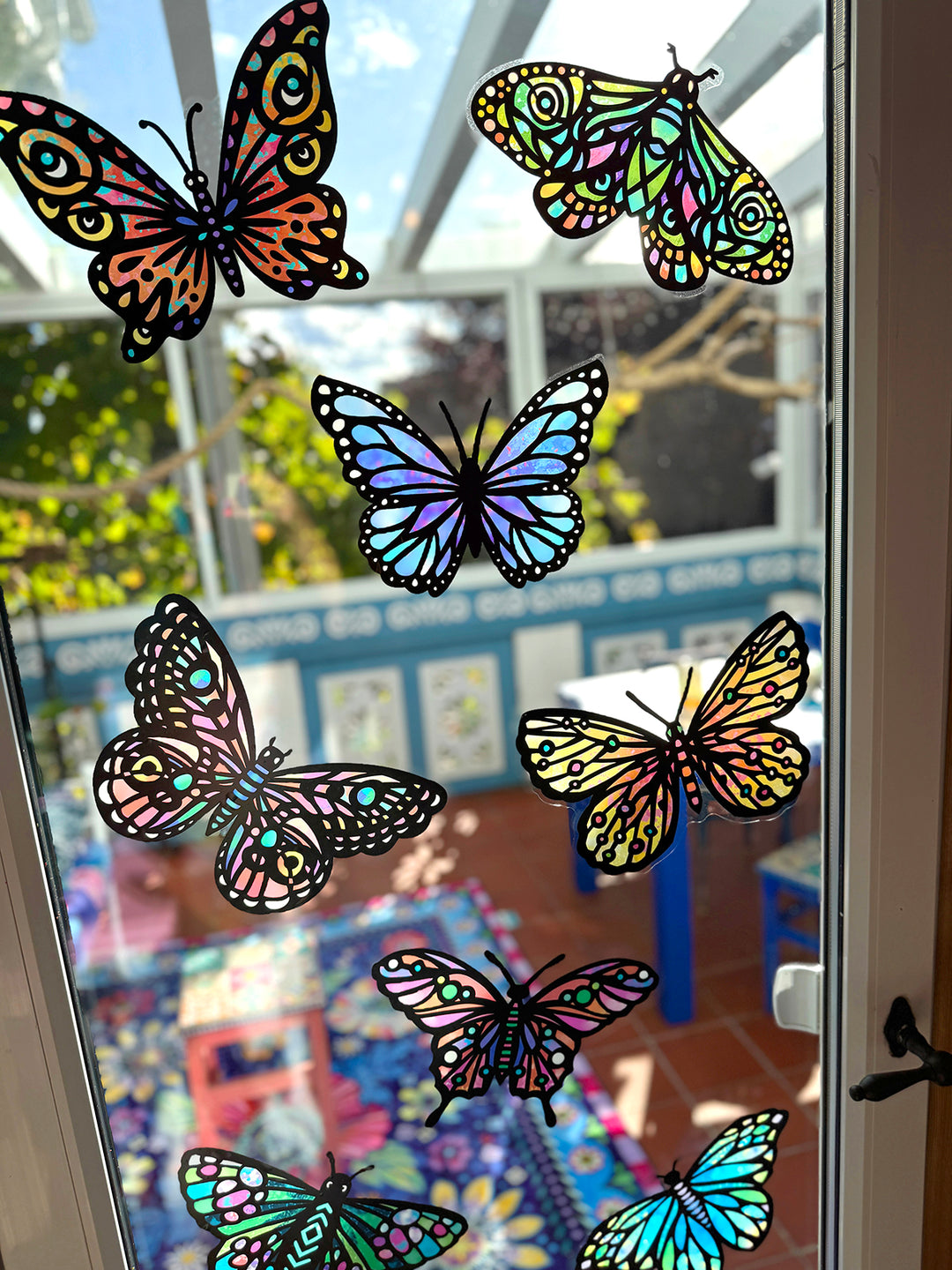 12 große, bunte Schmetterlinge aus Fensterfolie