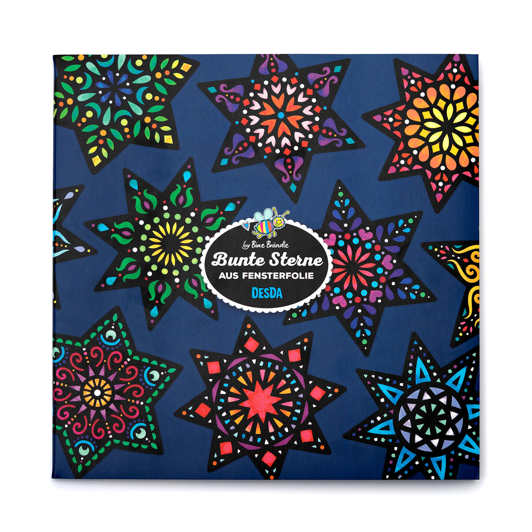12 große, bunt gemusterte Sterne aus Fensterfolie