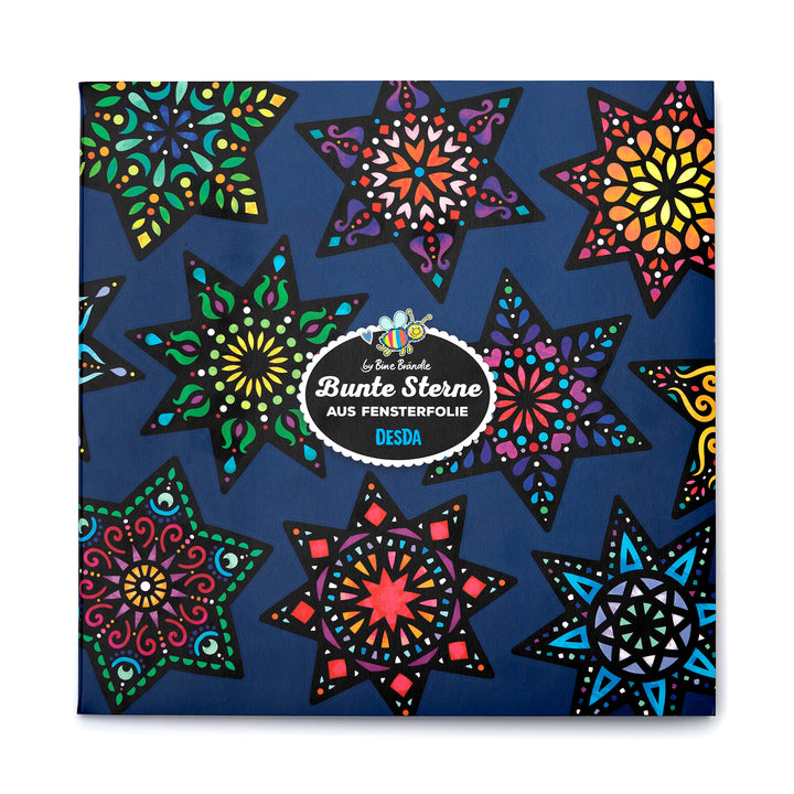 12 große, bunt gemusterte Sterne aus Fensterfolie