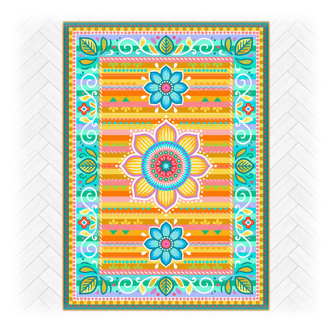 Superweicher Teppich im Design von Bine Brändle mit dem Motiv Jasmin in Gelb, lebendig und dekorativ gestaltet.