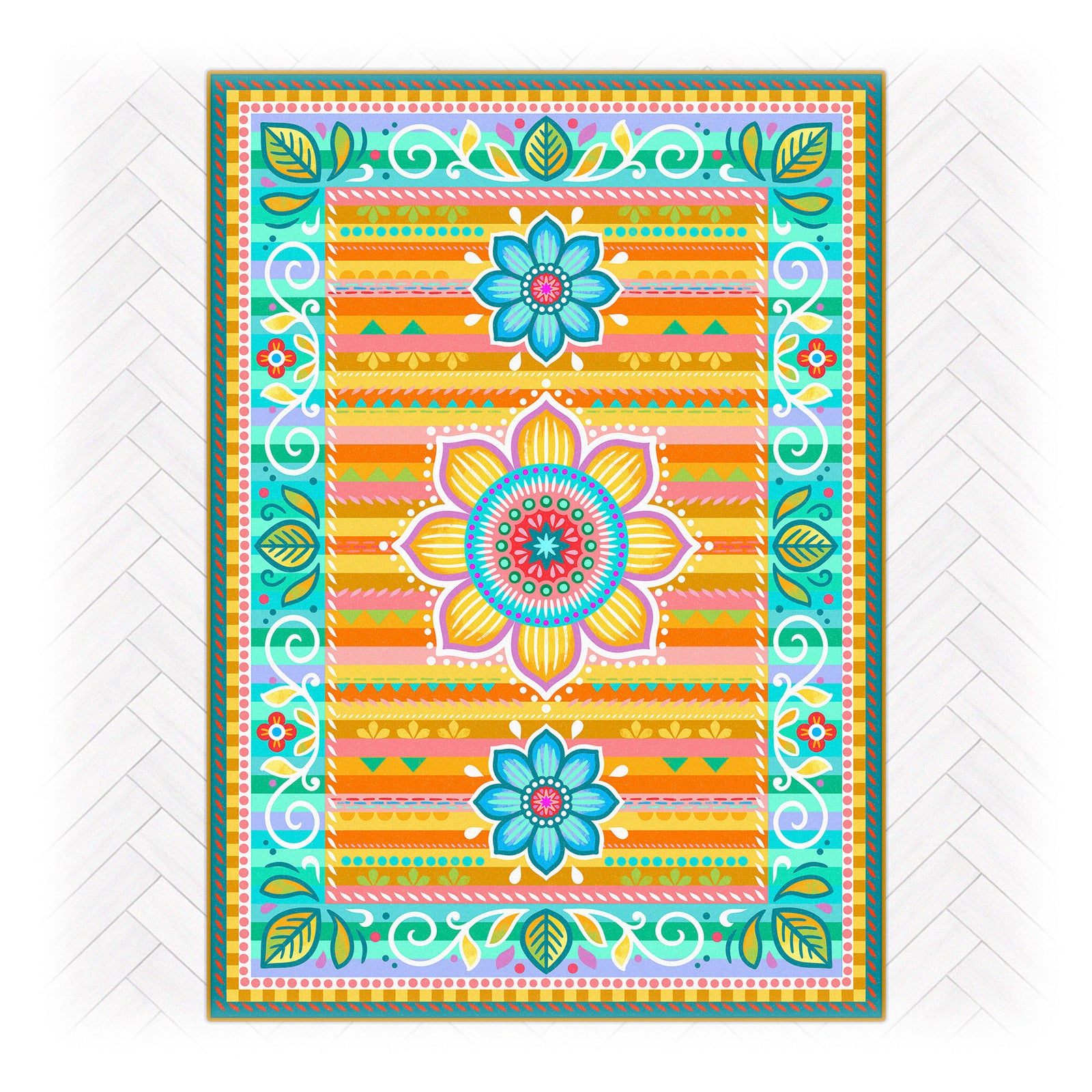 Superweicher Teppich im Design von Bine Brändle mit dem Motiv Jasmin in Gelb, lebendig und dekorativ gestaltet.