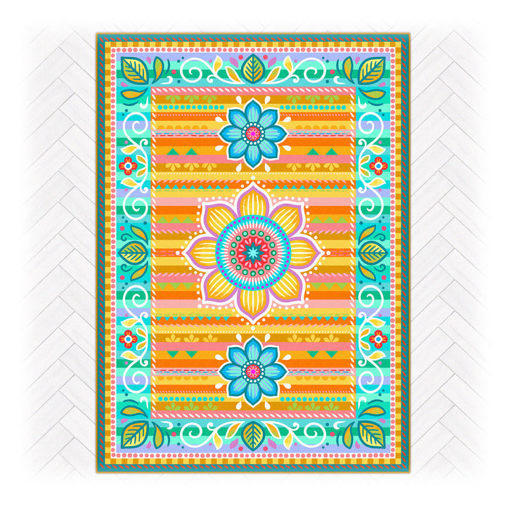 Superweicher Teppich im Design von Bine Brändle mit dem Motiv Jasmin in Gelb, lebendig und dekorativ gestaltet.