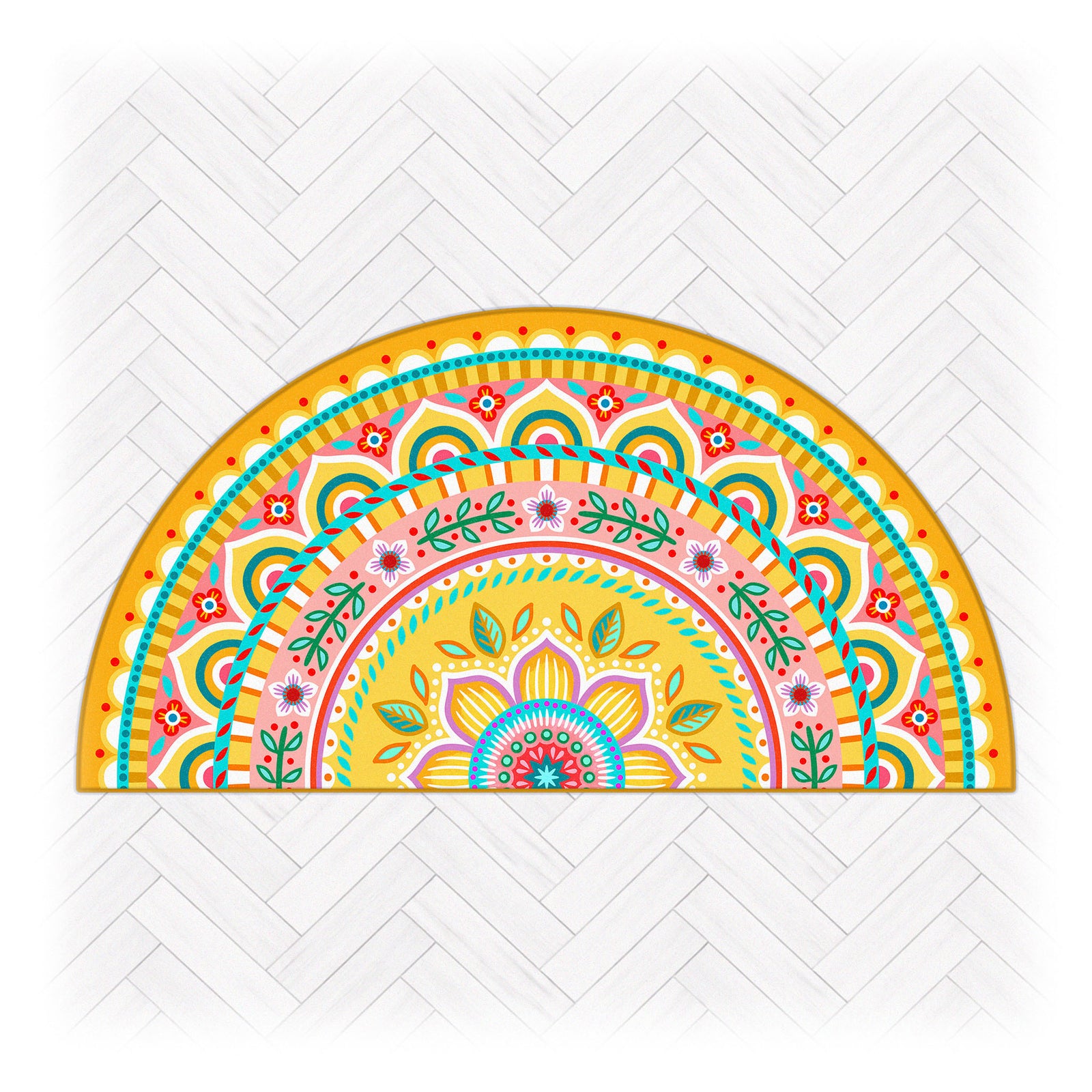 Superweiche Kuschelmatte im Design von Bine Brändle in halbrunder Form mit farbenfrohem Mandala-Bogen in Gelb, Türkis, Rosa und Rot, dekorativ und freundlich gestaltet.