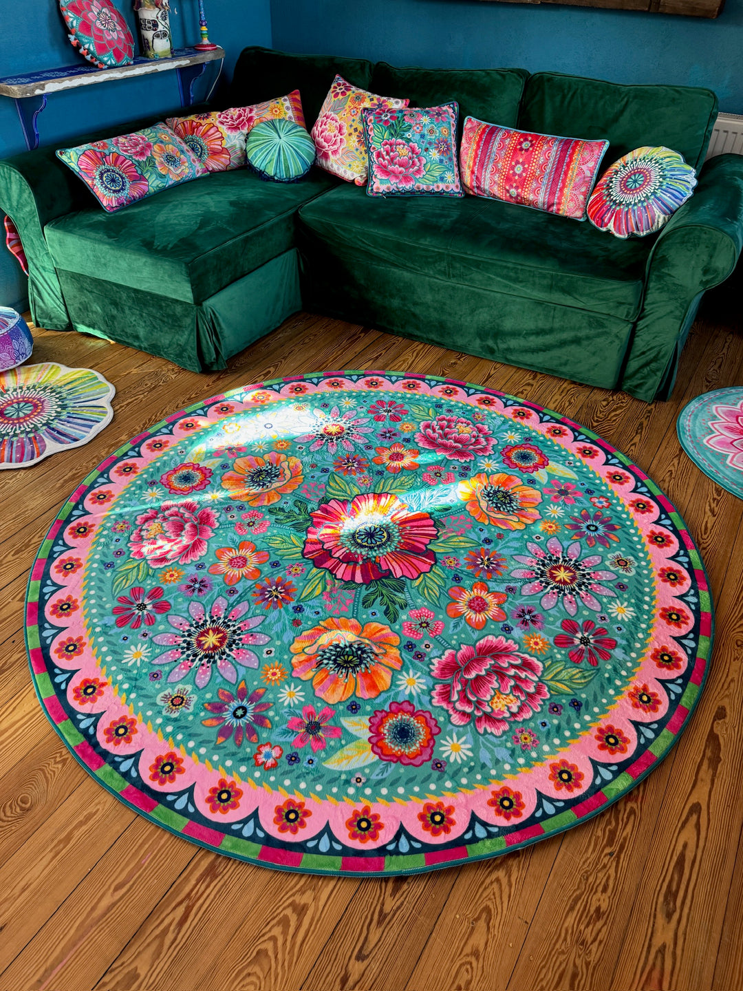 Teppich Rund - Blumenzauber Türkis